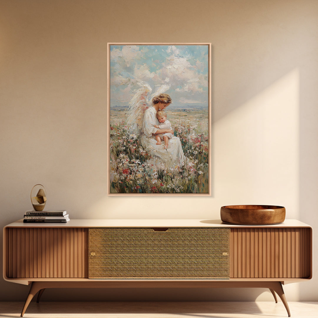 Angel Mother Holding Sleeping Child In Wildflower Meadow Framed Canvas Print, Christian Wall Art, Nursery Decor, Gift For Her