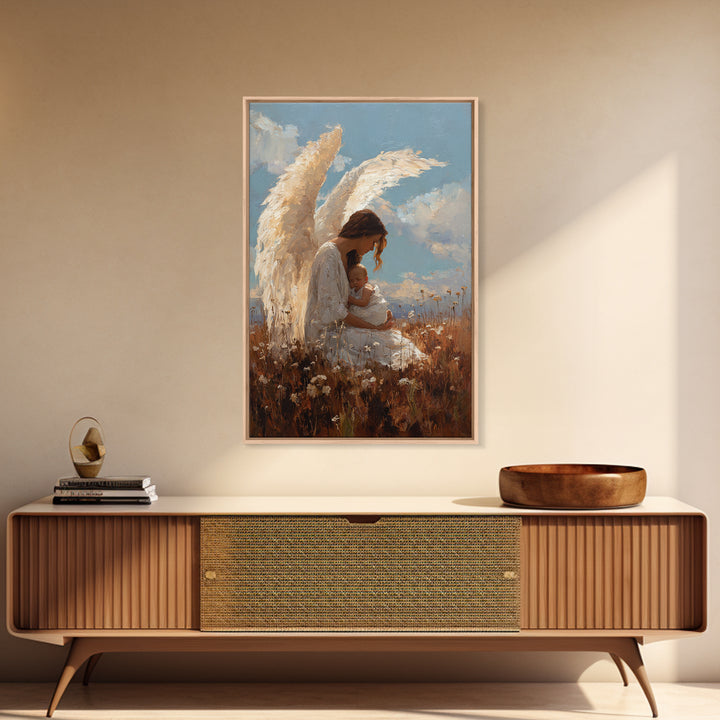 Guardian Angel Mother Cradling Baby In Golden Meadow Canvas Print, Christian Wall Art, Nursery Decor, Mothers Day Gift, Home Decor