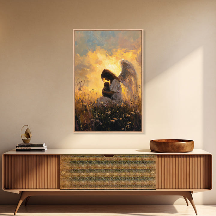 Golden Guardian Angel With Child Wall Art, Christian Nursery Decor, Spiritual Canvas, Angel Painting, Gift For Mom, Living Room Decor