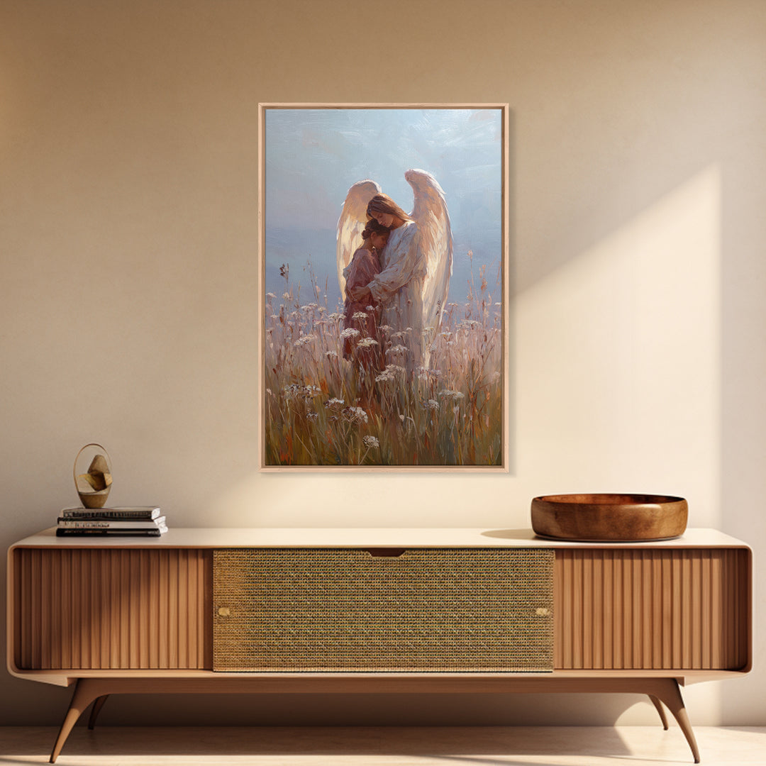 Sunlit Angel Embracing Child Wall Art, Christian Nursery Decor, Guardian Angel Canvas, Spiritual Home Decor, Gift For Her