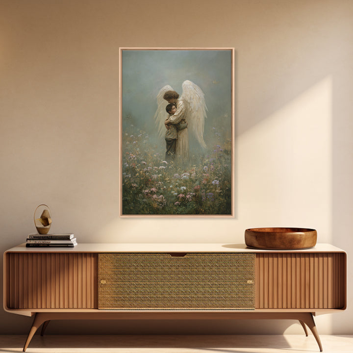 Misty Guardian Angel Hugging Child Framed Canvas Print, Christian Wall Art, Spiritual Nursery Decor, Butterfly Meadow Art