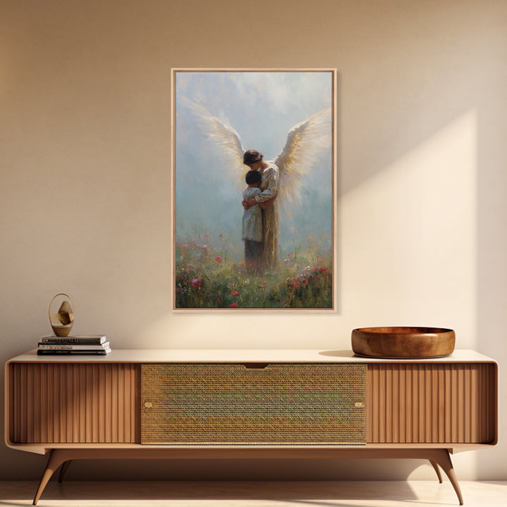 Guardian Angel Embracing Child In Wildflower Meadow Wall Art, Christian Nursery Decor, Spiritual Canvas Print Gift For Her