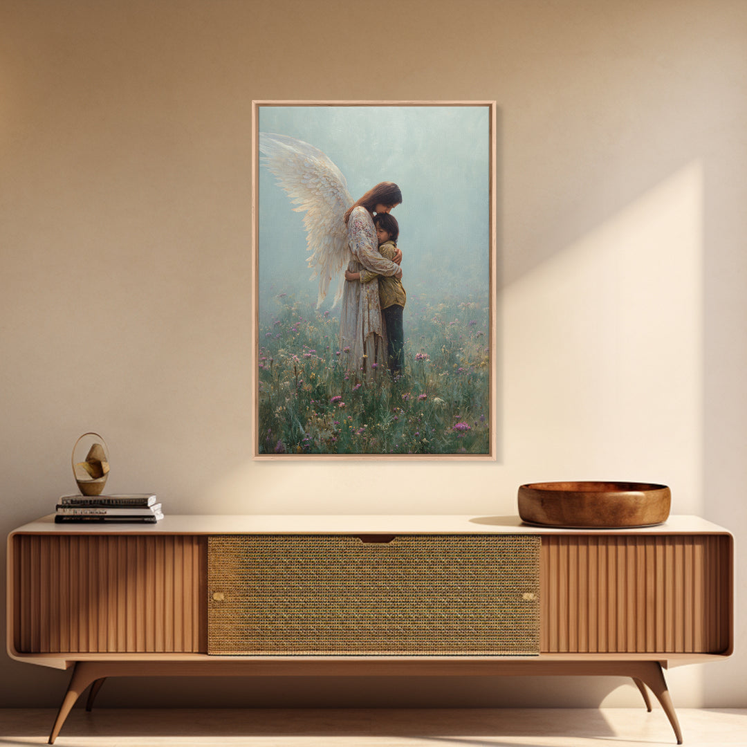 Guardian Angel Hugging Child In Misty Meadow Wall Art, Spiritual Christian Decor, Nursery Canvas Print, Housewarming Gift