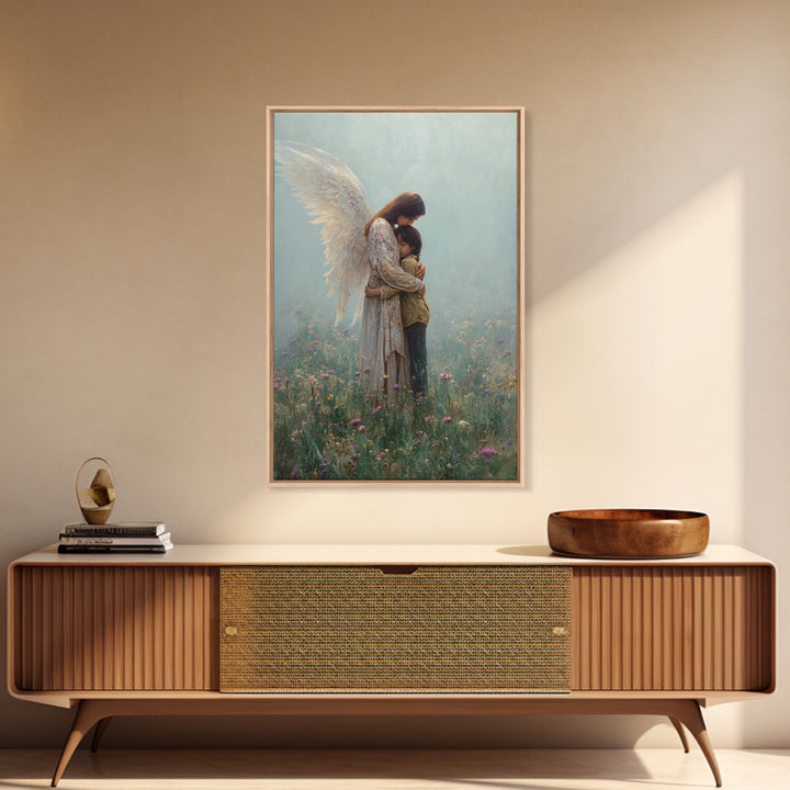 Guardian Angel Hugging Child In Misty Meadow Wall Art, Spiritual Christian Decor, Nursery Canvas Print, Housewarming Gift