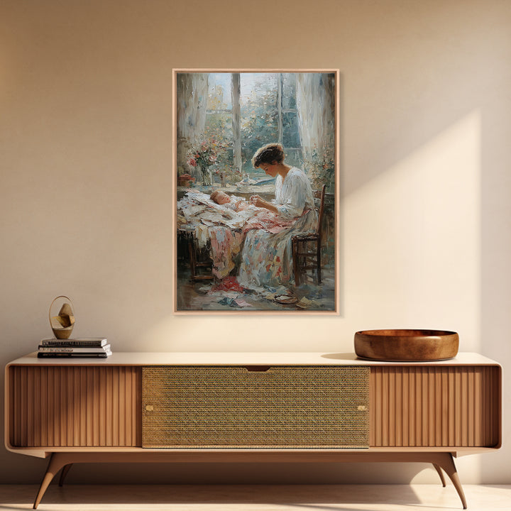 Mother Stitching By Baby Cradle, Bright Window Wall Art, Impressionist Oil Painting Print, Nursery Decor, Gift For Mom, Home Decor