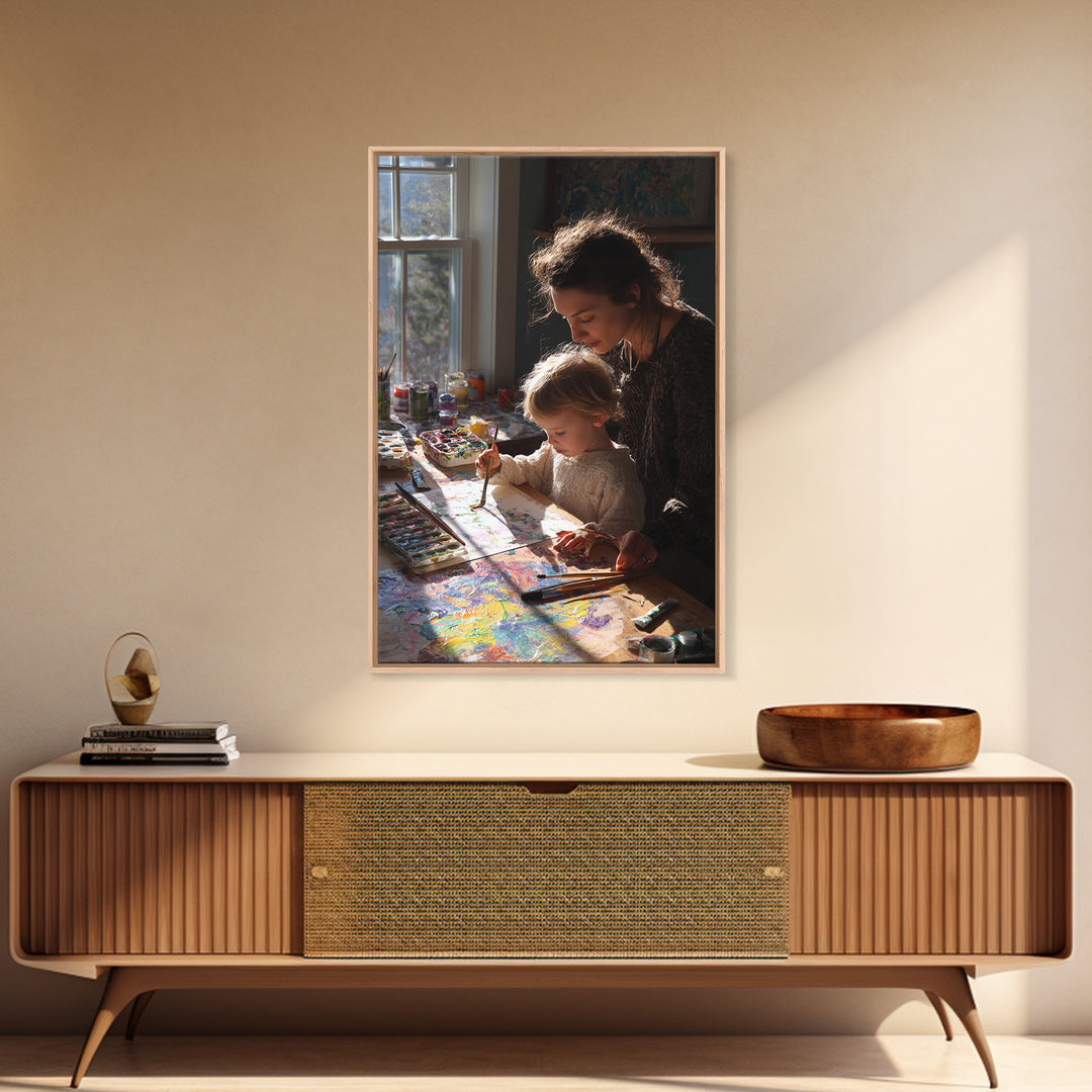 Mother And Toddler Painting Together, Sunlit Studio Wall Art, Modern Home Decor, Art Print, Gift For Mom, Kids Room Decor