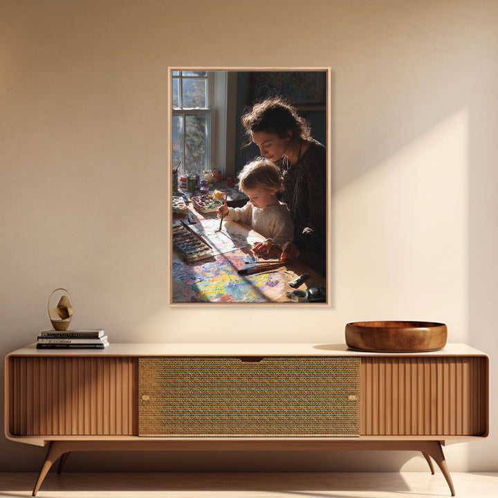 Mother And Toddler Painting Together, Sunlit Studio Wall Art, Modern Home Decor, Art Print, Gift For Mom, Kids Room Decor