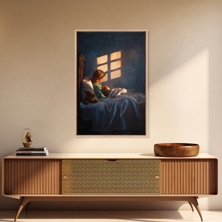 Mother Reading To Child In Bed, Warm Window Light Wall Art, Moody Bedroom Decor, Nursery Art Print, Gift For Mom, Cozy Home Decor
