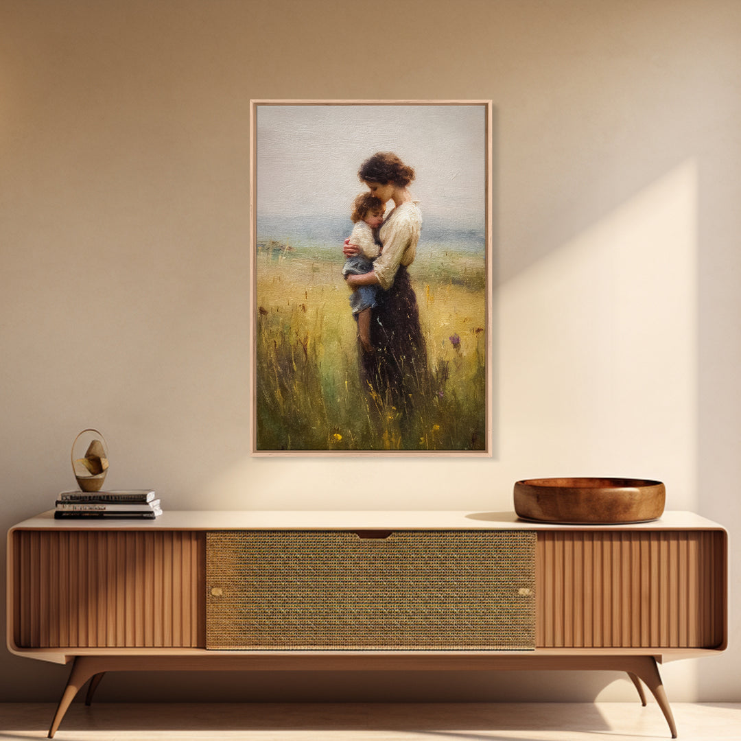 Tender Mother Holding Child In Golden Meadow Canvas Print, Soft Impressionist Oil Painting, Neutral Nursery Wall Art Gift