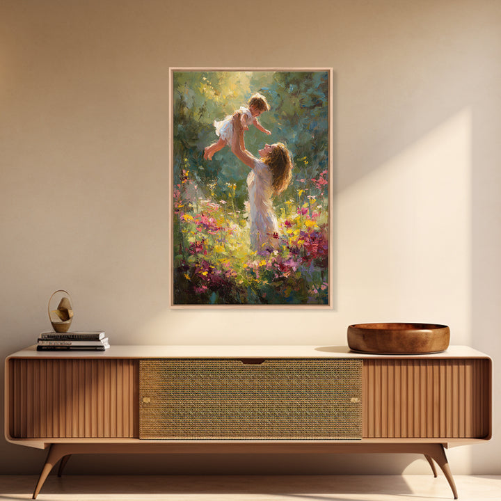 Sunlit Mother And Baby In Flower Garden Canvas Print, Impressionist Oil Painting, Colorful Nursery Wall Art Gift For Mom
