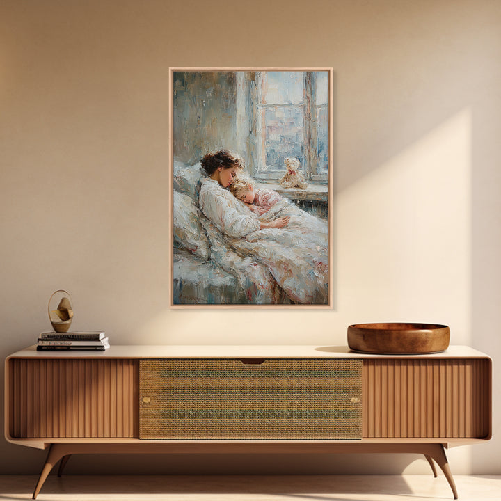 Tender Mother And Child Sleeping By Window Wall Art, Soft Nursery Decor, Mothers Day Gift, Bedroom Art Print, New Mom Gift