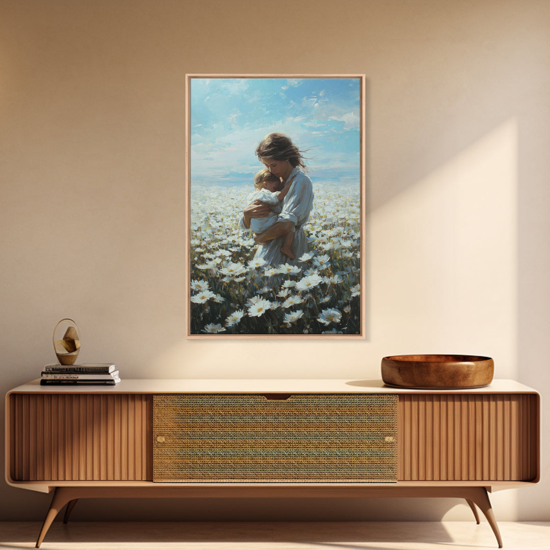 Mother Cradling Baby In Blue Sky Daisy Field Framed Canvas Print, Floral Wall Art, Nursery Decor, Mothers Day Gift, New Mom Gift