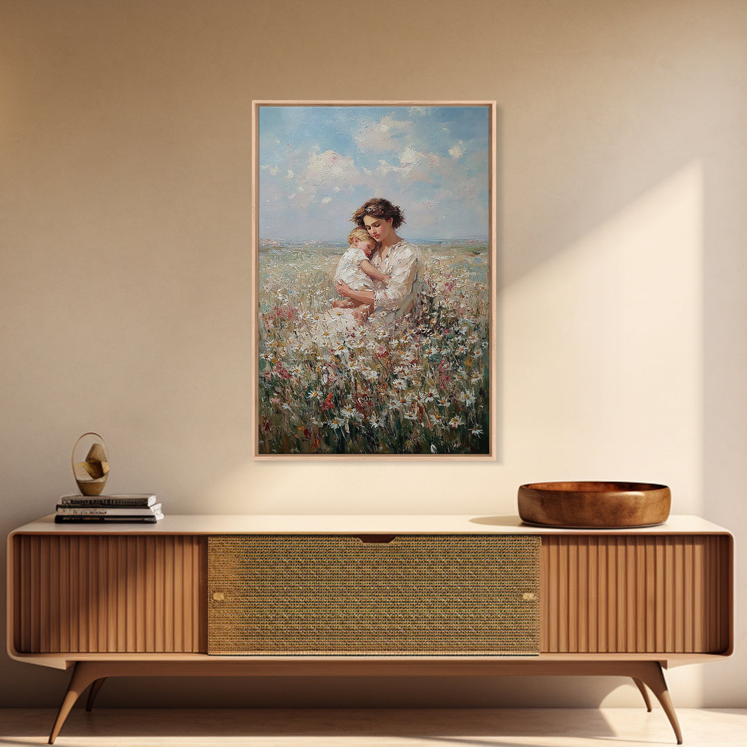 Romantic Mother And Baby In Wildflower Field Canvas Print, Floral Wall Art, Nursery Decor, Mothers Day Gift, New Mom Gift
