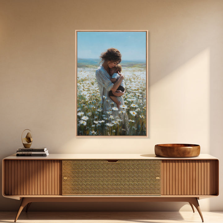 Mother Nursing Baby In Daisy Meadow Wall Art, Feminine Floral Oil Painting Print, New Mom Gift, Nursery And Bedroom Decor
