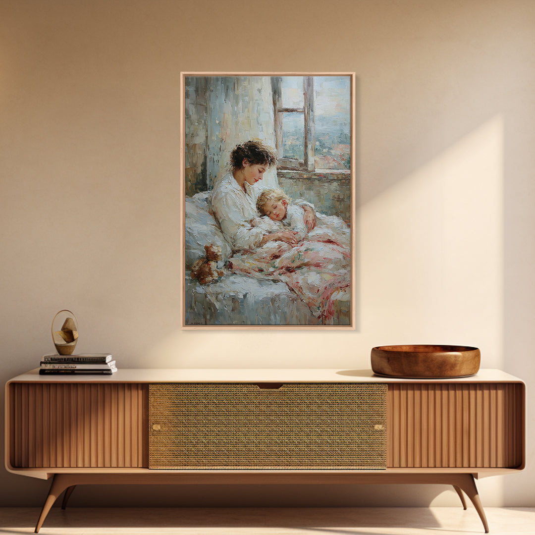 Mother And Sleeping Child By Window Framed Canvas Print, Cozy Bedroom Wall Art, New Mom Gift, Nursery Room Decor, Soft Neutral Home Decor