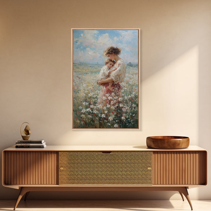 Mother Holding Child In Wildflower Meadow Wall Art, Impressionist Floral Oil Painting, New Mom Gift, Nursery Bedroom Decor