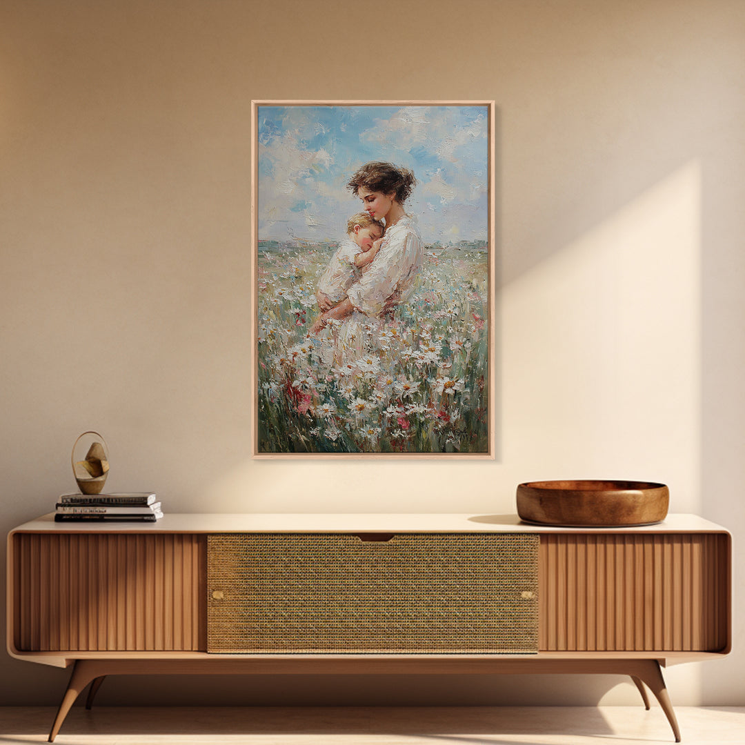 Mother Cradling Baby In Daisy Field Canvas Print, Soft Floral Wall Art, Feminine Nursery Decor, Gift For New Mom, Bedroom Wall Decor