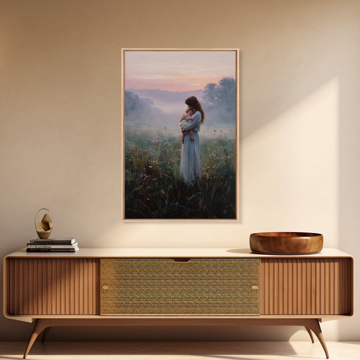 Mother And Baby In Misty Sunrise Meadow Wall Art, Romantic Landscape Oil Painting, New Mom Gift, Feminine Bedroom And Nursery Decor