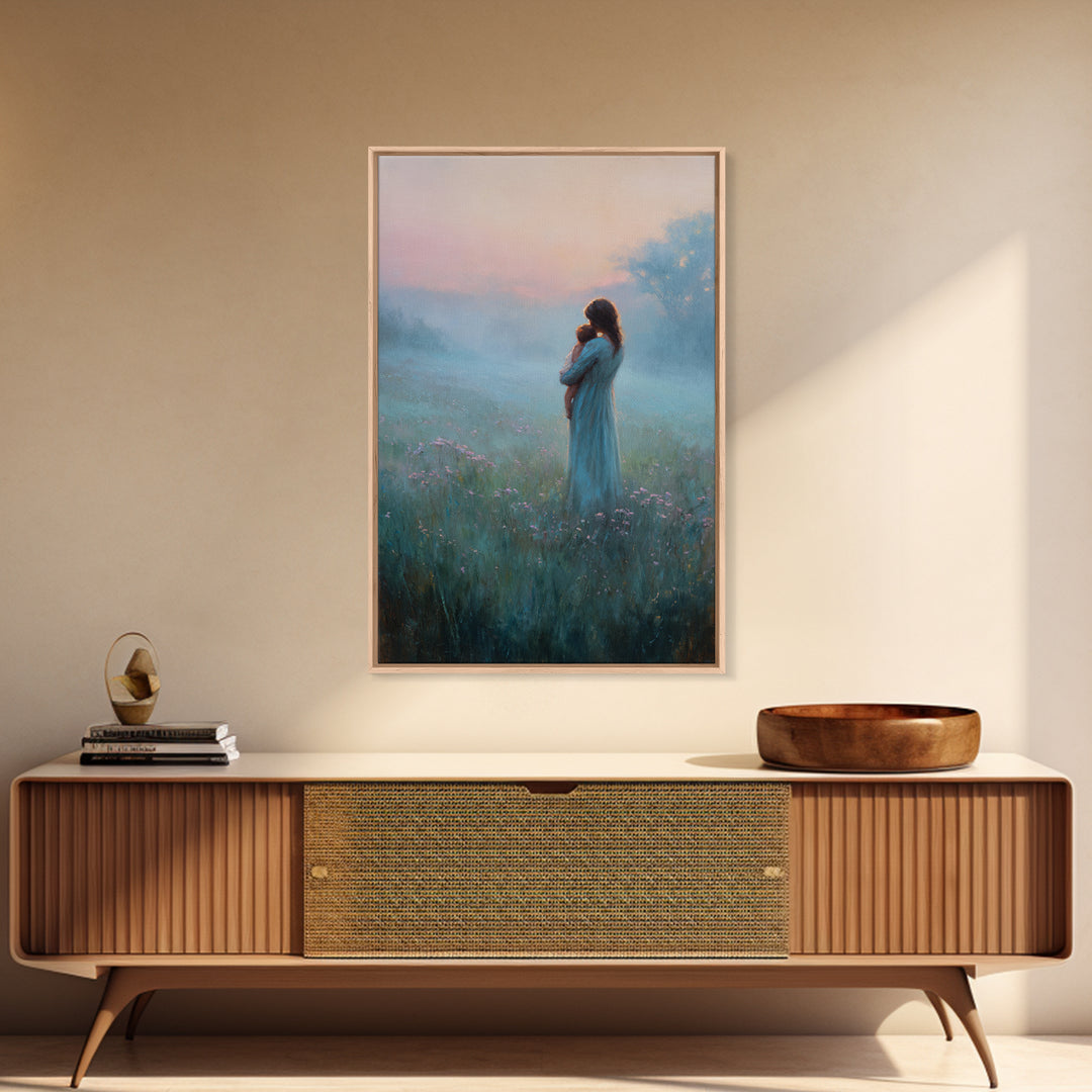 Mother Holding Baby In Foggy Pastel Meadow Canvas Print, Calming Landscape Wall Art, New Mom Gift, Nursery Decor, Soft Bedroom Wall Decor