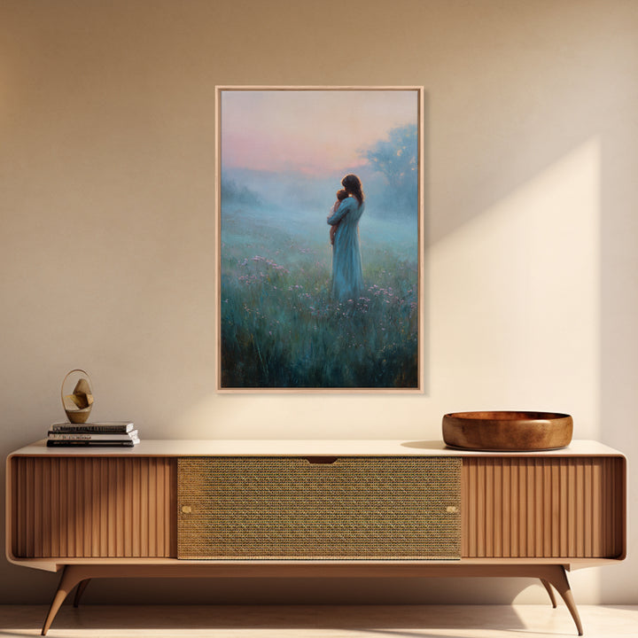 Mother Holding Baby In Foggy Pastel Meadow Canvas Print, Calming Landscape Wall Art, New Mom Gift, Nursery Decor, Soft Bedroom Wall Decor