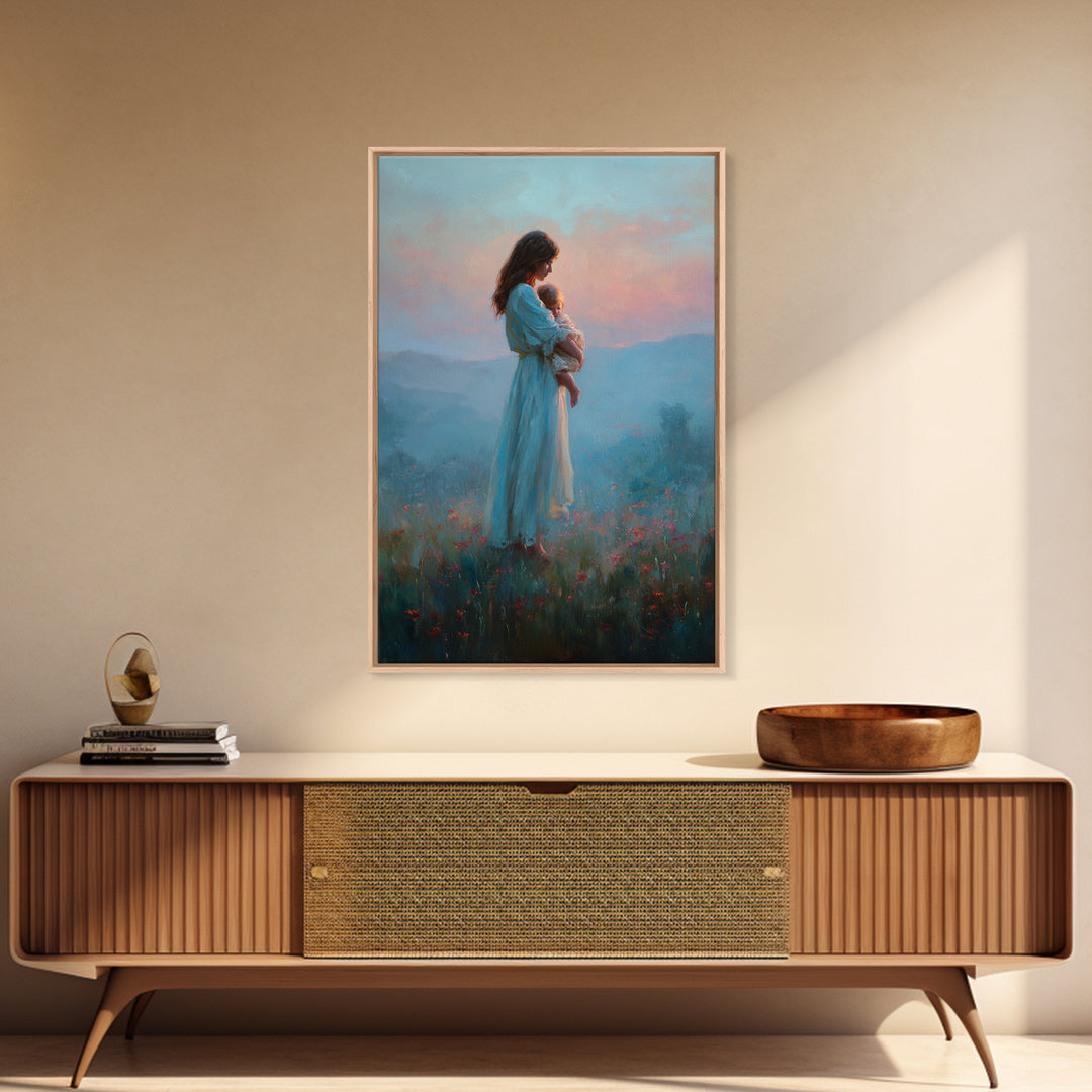 Mother And Baby At Blue Pink Sunset Wall Art, Dreamy Mountain Landscape Oil Painting, New Mom Gift, Feminine Nursery Decor