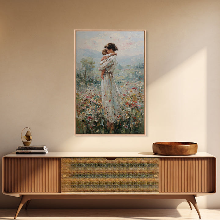 Mother Hugging Child In Mountain Wildflowers Canvas Print, Impressionist Landscape Wall Art, New Mom Gift, Nursery Decor