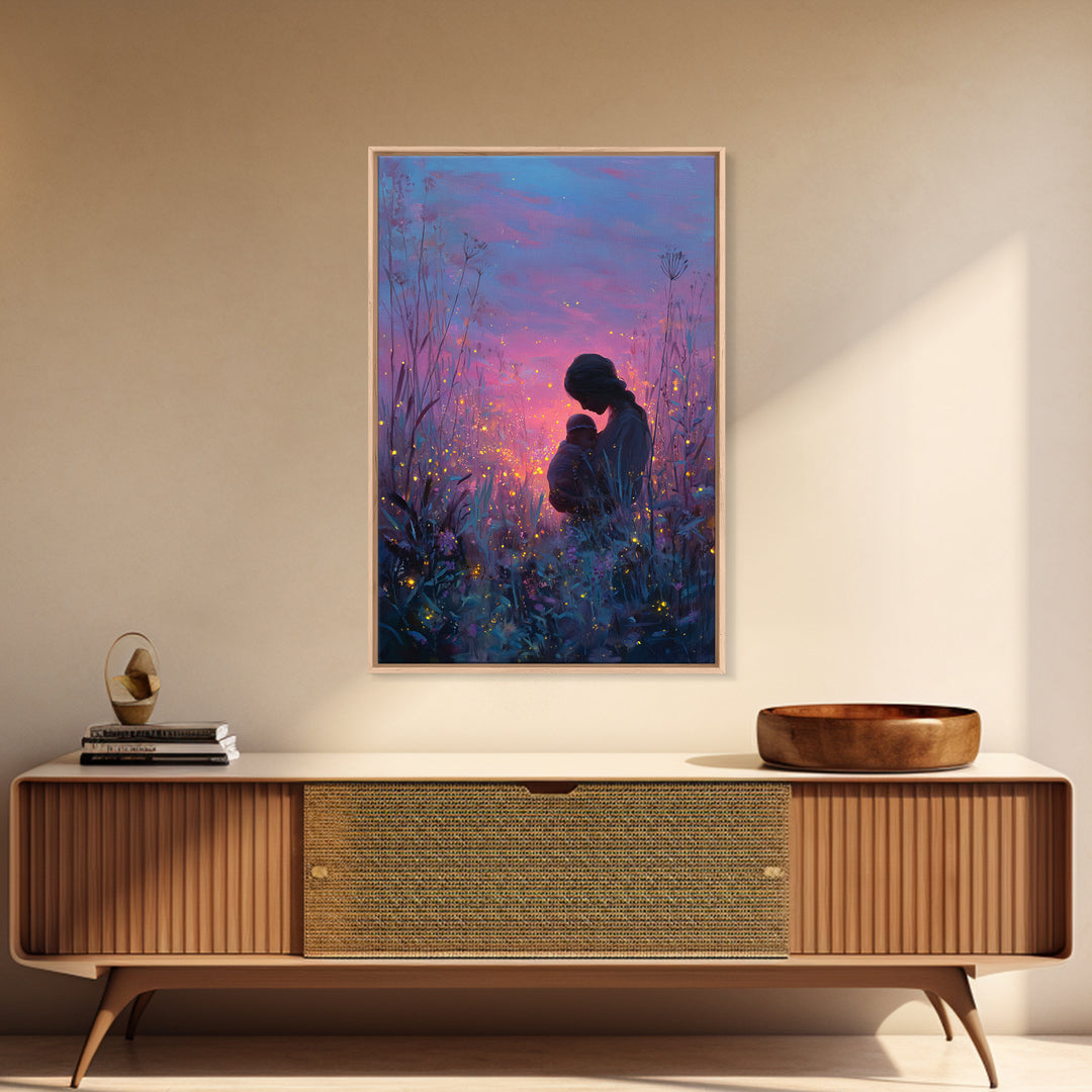 Twilight Mother And Baby In Firefly Meadow Canvas Print, Celestial Nursery Wall Art, Fantasy Decor, Gift For Mom, Bedroom Decor