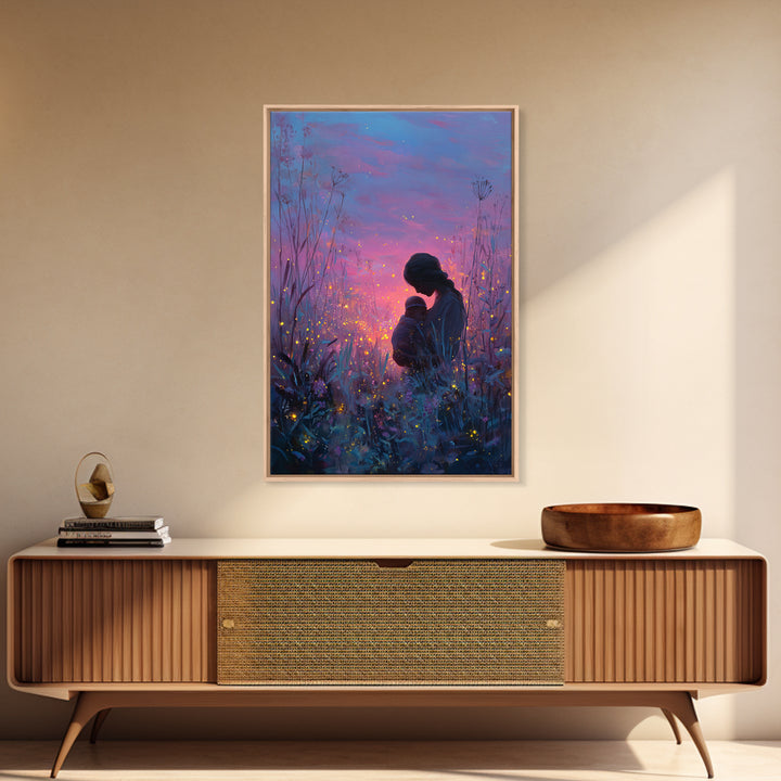 Twilight Mother And Baby In Firefly Meadow Canvas Print, Celestial Nursery Wall Art, Fantasy Decor, Gift For Mom, Bedroom Decor