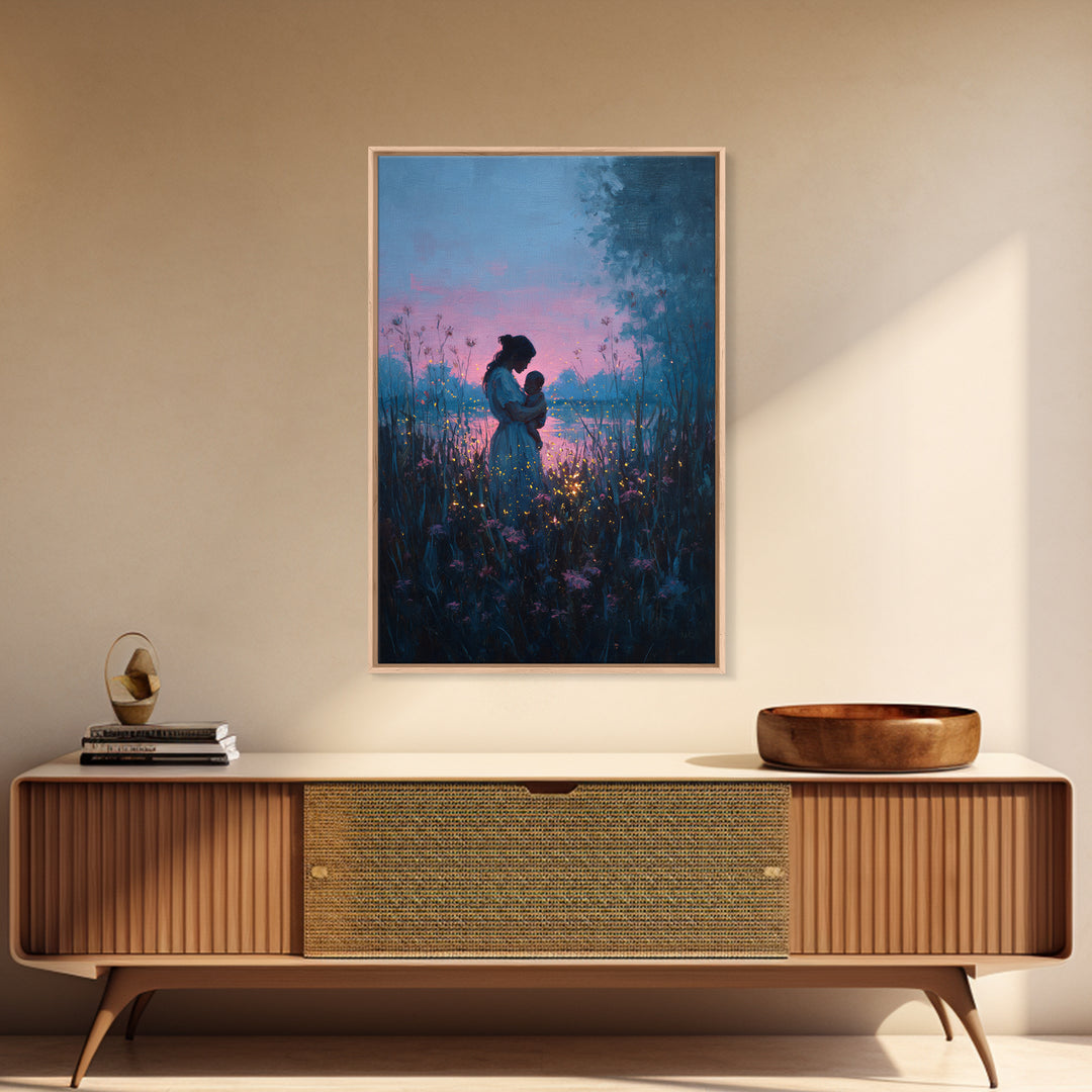 Blue Dusk Mother And Child By Lake Wall Art, Firefly Meadow Painting, Celestial Nursery Decor, Spiritual Gift For Mom, Art Print