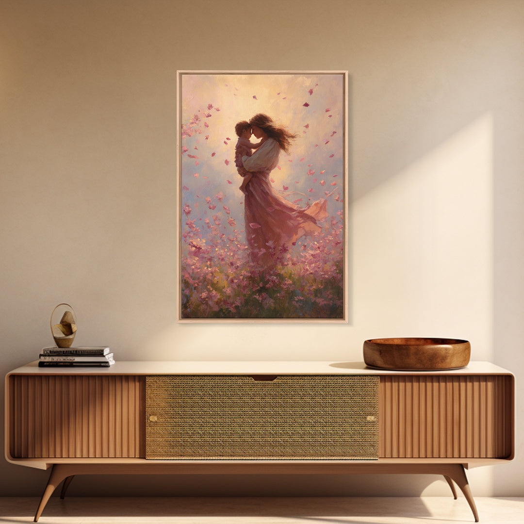 Mother Kissing Baby In Pink Blossom Field Framed Canvas Print, Romantic Wall Art, Nursery Decor, Gift For Her And Mom, Bedroom Decor