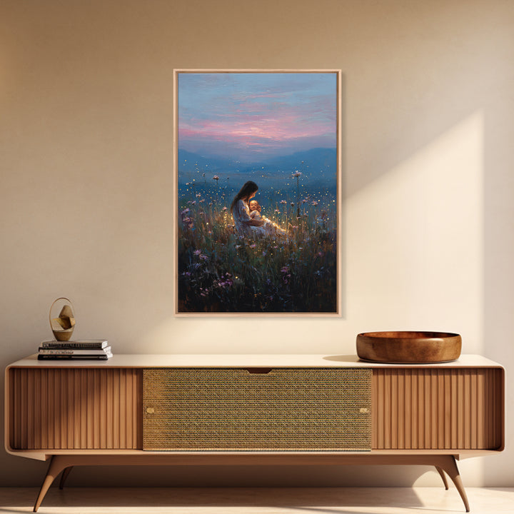 Glowing Mother And Baby In Mountain Meadow Canvas Print, Serene Landscape Wall Art, Nursery Decor, Spiritual Gift For Mom