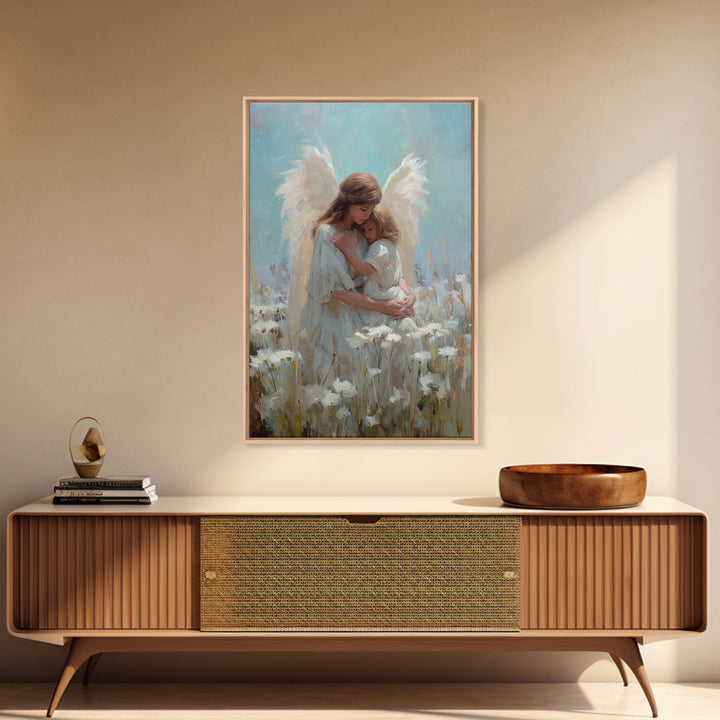 Guardian Angel Hugging Child In White Flower Field Wall Art, Spiritual Canvas Print, Christian Nursery Decor, Gift For Mom