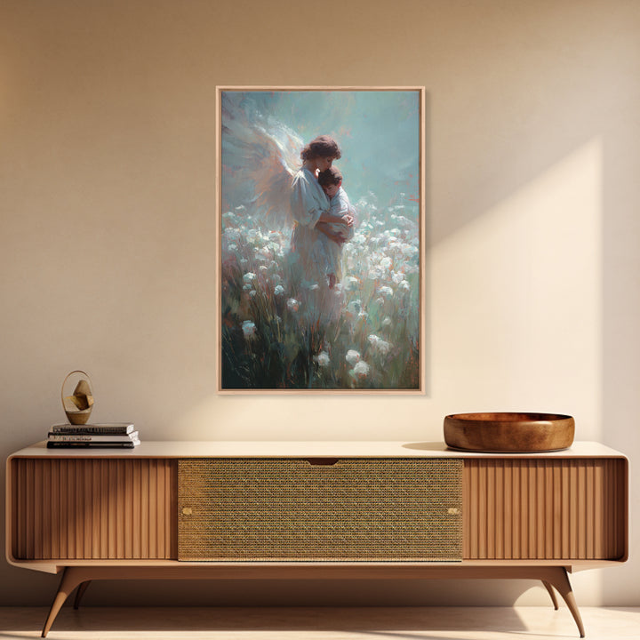 Angel Mother Holding Child In Soft White Meadow Framed Canvas Print, Spiritual Wall Art, Christian Nursery Decor, Gift For Mom