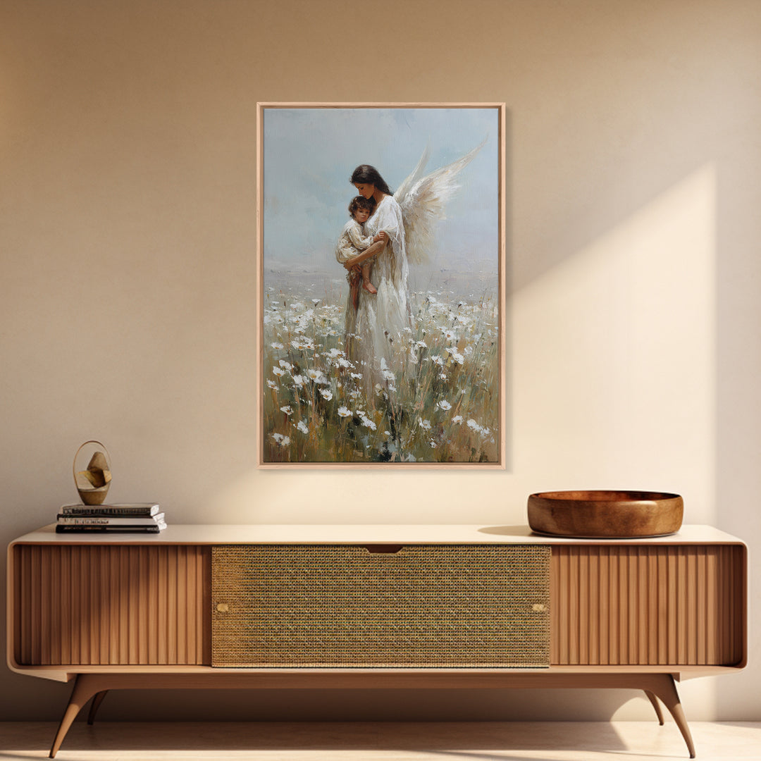 Dark Haired Guardian Angel With Child In Daisy Field Wall Art, Religious Canvas Print, Christian Nursery Decor, Gift For Mom