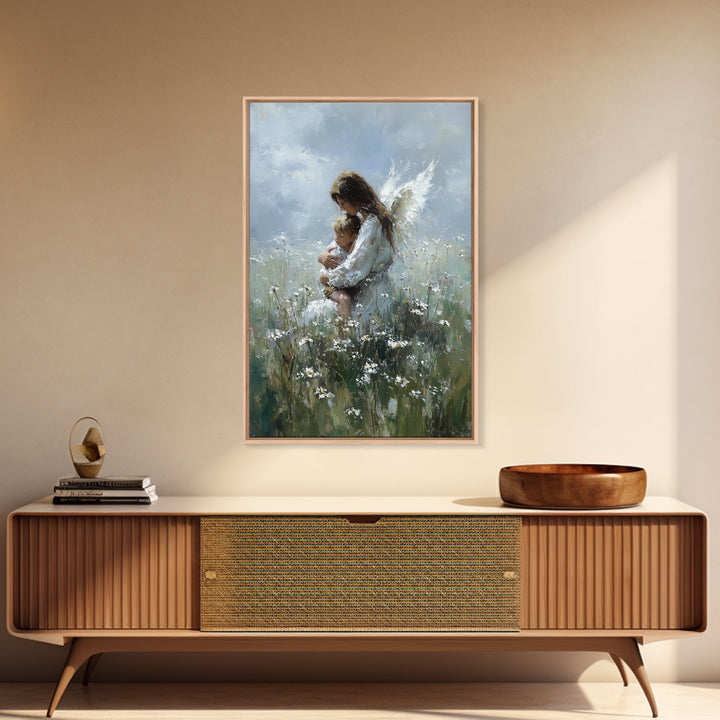 Angel Embracing Child In Wild Daisy Meadow Canvas Print, Soft Spiritual Wall Art, Christian Nursery Decor, Gift For Mom, Bedroom Decor