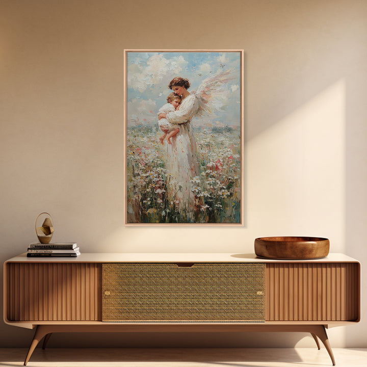 Textured Angel Mother Holding Baby In Wildflower Field Wall Art, Impressionist Canvas Print, Christian Nursery Decor, Gift For Mom