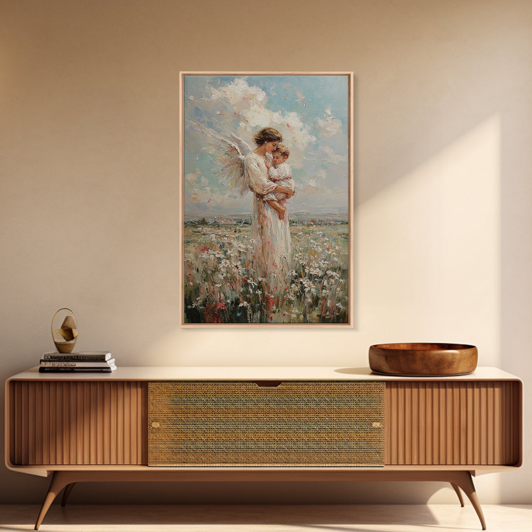 Angel Mother And Baby In Wildflower Meadow Wall Art, Christian Nursery Decor, Motherhood Gift, Fine Art Print, Serene Home Decor