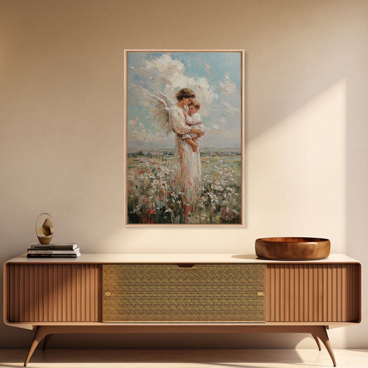 Angel Mother And Baby In Wildflower Meadow Wall Art, Christian Nursery Decor, Motherhood Gift, Fine Art Print, Serene Home Decor
