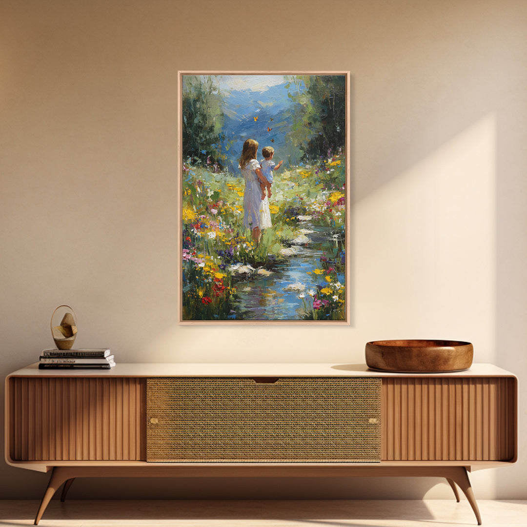 Mother And Child By Mountain Stream Wall Art, Wildflower Landscape Painting, Nature Wall Art, Nursery Decor, Housewarming Gift