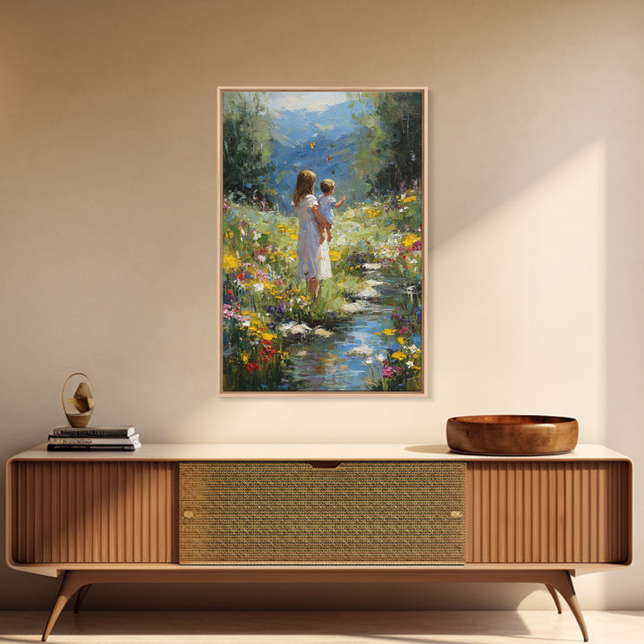 Mother And Child By Mountain Stream Wall Art, Wildflower Landscape Painting, Nature Wall Art, Nursery Decor, Housewarming Gift
