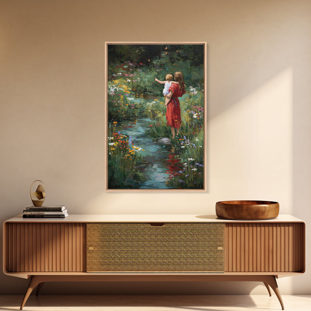 Mother In Red Dress With Child By Garden Stream Wall Art, Moody Floral Art, Nature Wall Decor, Gift For Her, Fine Art Print