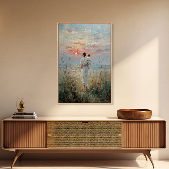 Mother And Child Watching Sunset Over Lake Framed Canvas Print, Coastal Wall Art, Serene Bedroom Decor, Motherhood Gift, Fine Art Print