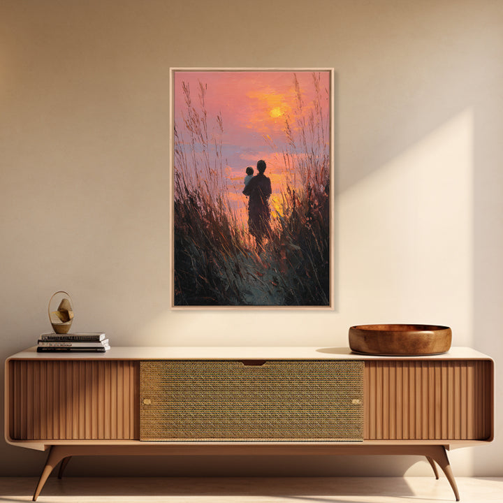 Silhouette Mother And Baby At Orange Sunset Canvas Print, Coastal Wall Art, Romantic Bedroom Decor, Gift For Mom, Sunset Art