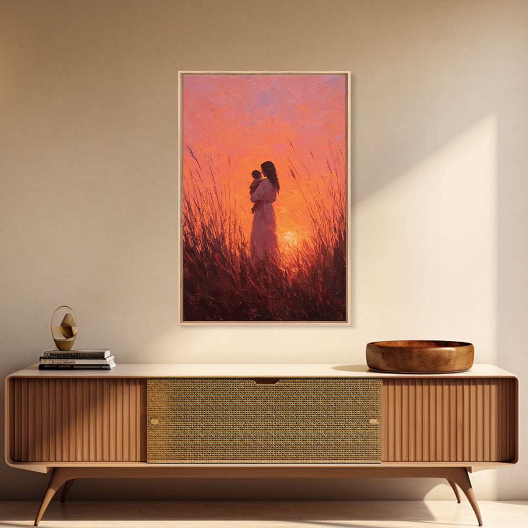 Mother And Baby In Fiery Sunset Grass Canvas Print, Romantic Wall Art, Warm Orange Decor, Nursery Wall Art, Gift For Her