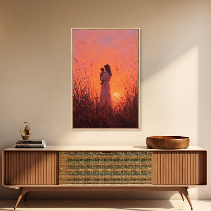 Mother And Baby In Fiery Sunset Grass Canvas Print, Romantic Wall Art, Warm Orange Decor, Nursery Wall Art, Gift For Her