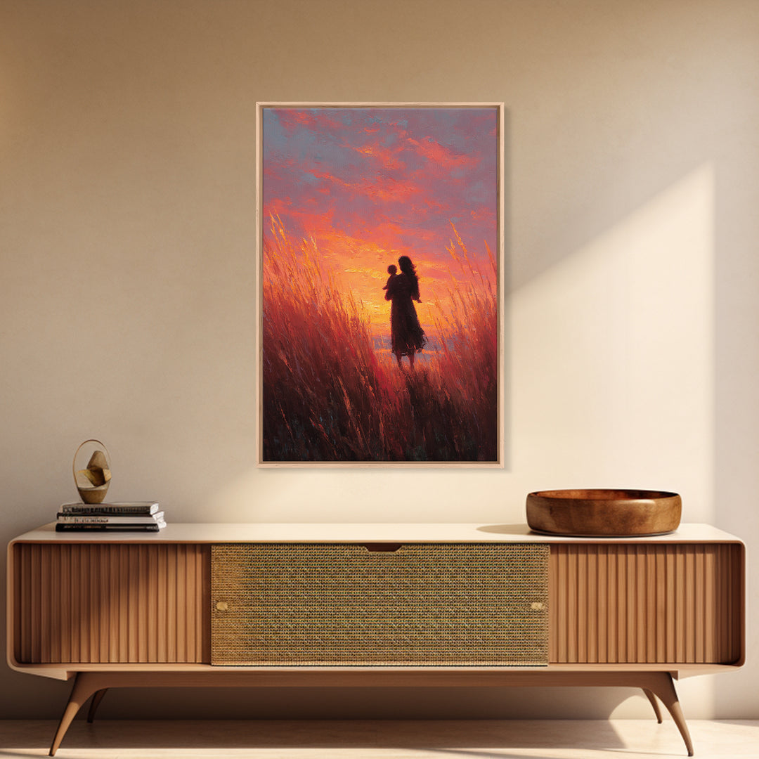 Mother And Baby Sunset Meadow Wall Art, Impressionist Oil Painting Print, Feminine Nursery Decor, Gift For Mom, Living Room Decor