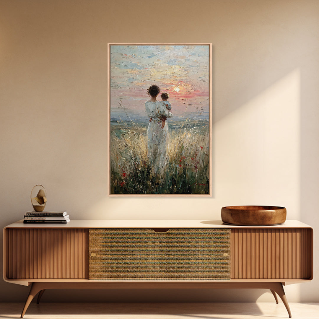Mother And Child By The Sea Framed Canvas Print, Coastal Meadow Oil Painting, Feminine Wall Decor, Gift For Mom, Nursery Wall Art