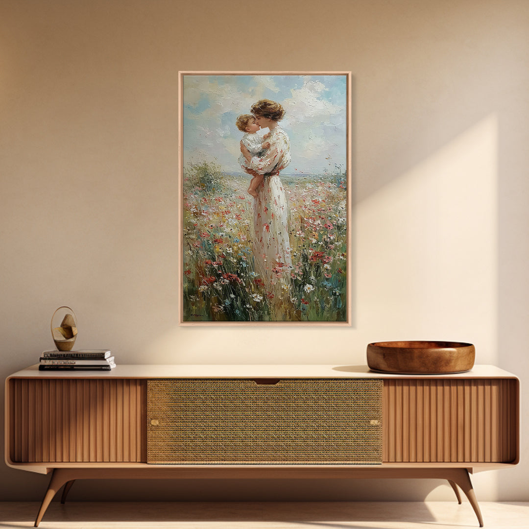 Mother Kissing Baby In Wildflower Field Canvas Print, Impressionist Floral Wall Art, Nursery Decor, Gift For Her, Mothers Day Gift