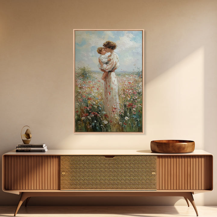 Mother Kissing Baby In Wildflower Field Canvas Print, Impressionist Floral Wall Art, Nursery Decor, Gift For Her, Mothers Day Gift