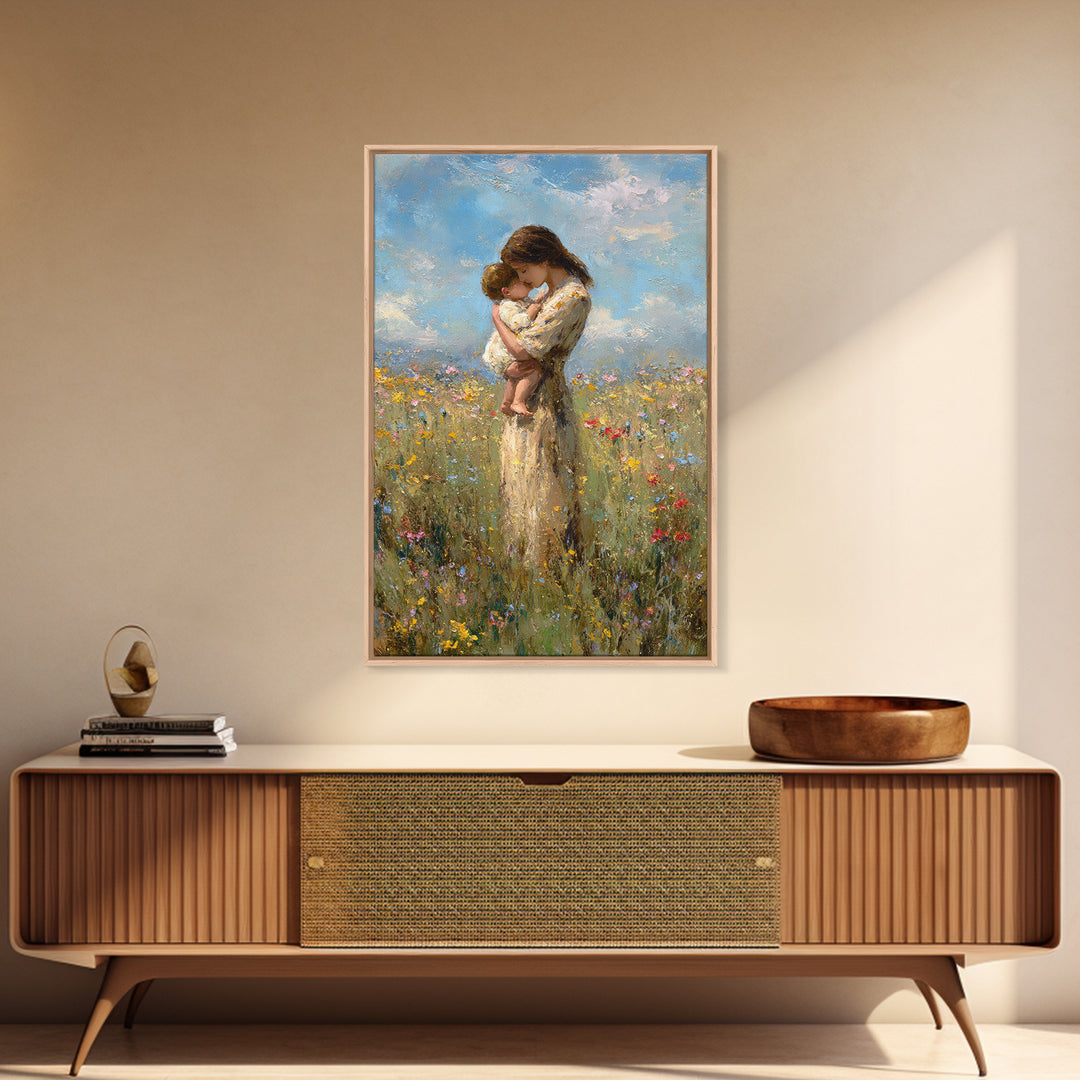 Tender Mother And Baby Wildflower Meadow Wall Art, Impressionist Oil Painting, Feminine Nursery Decor, Gift For Mom, Bedroom Decor